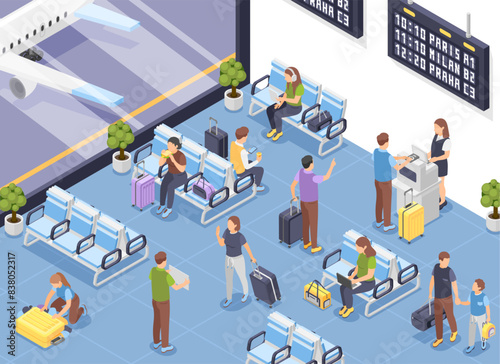 Isometric airport waiting room. Departure zone with passengers with suitcases and bags. Travelers wait boarding on plane, flawless vector scene