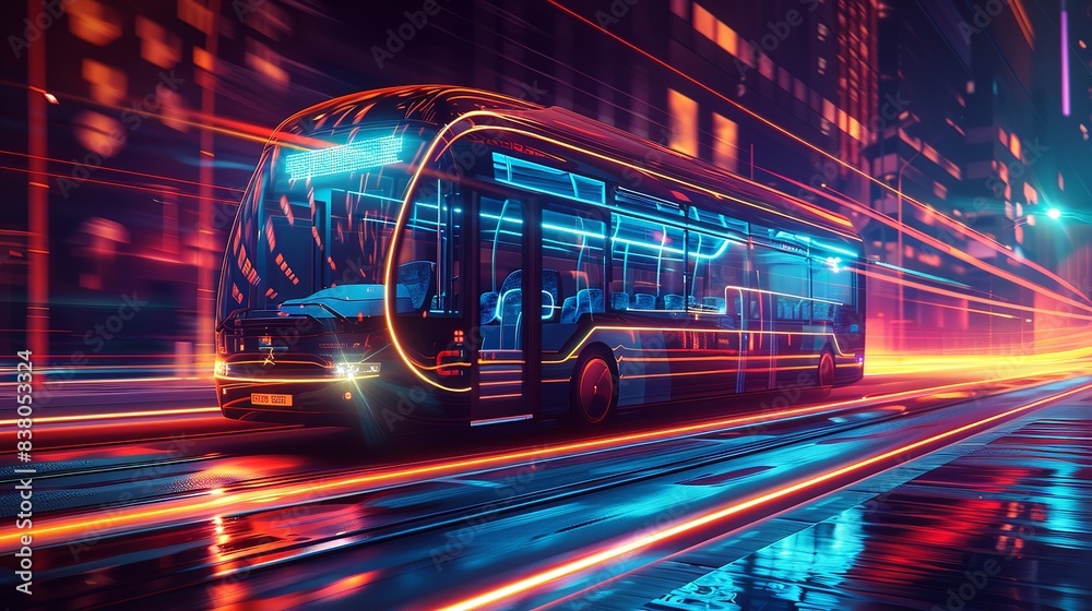 A smart city's electric bus has high speed and dynamic lines. futuristic idea for transit, Generative AI.