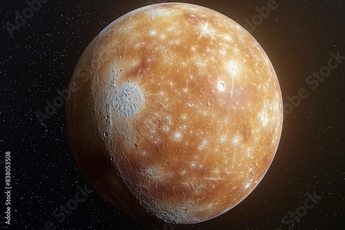 Close-Up View of Ganymede, Jupiters Largest Moon, Against a Starry Background