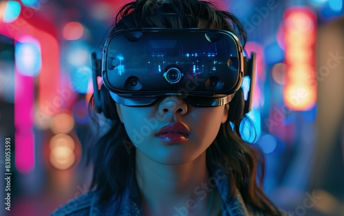 A woman wearing a virtual reality headset is looking at a screen