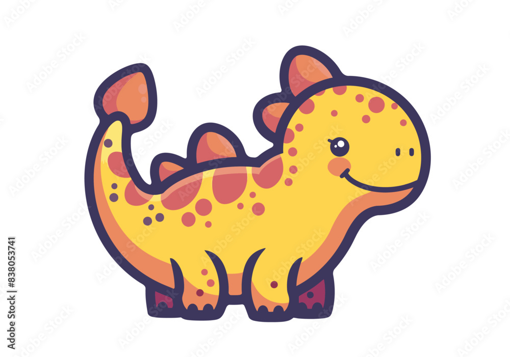 Cute cartoon dinosaur with a happy expression, set against a white background. Flat vector illustration.