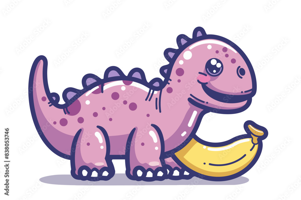 Cute cartoon dinosaur with banana with happy expression. Flat vector illustration. Cute cartoon dinosaur with banana with happy expression. Flat vector illustration.