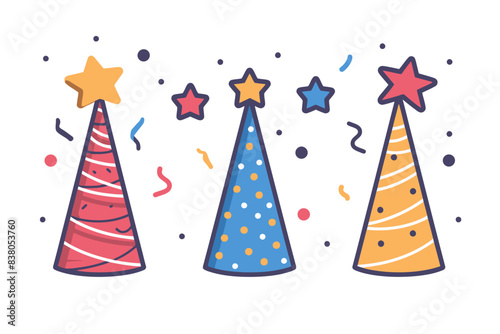 Three colorful party hats with star toppers and confetti, one red, one blue, and one yellow, set against a white background. Flat vector illustration.