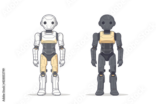 Two humanoid robots standing side by side, one white and one black, showcasing different designs. Flat vector illustration.