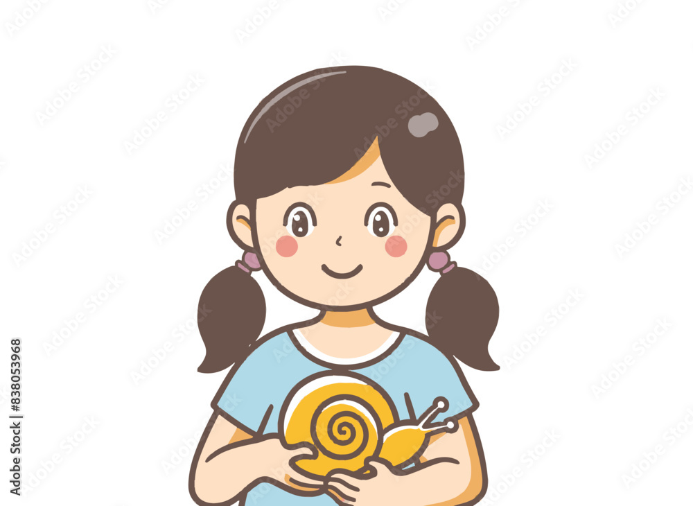Young girl holding a snail, with a big smile on her face. Flat vector illustration. Young girl holding a snail, with a big smile on her face. Flat vector illustration.