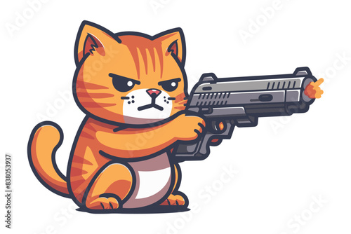 An angry cartoon cat holding a large gun, with a determined expression. Flat vector illustration.