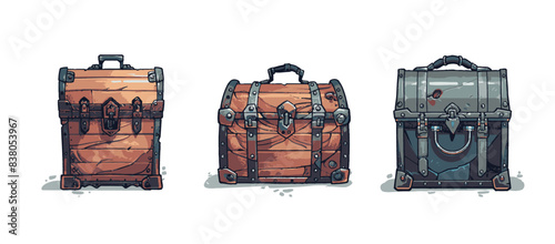 Three treasure chests of different designs, displayed side by side. Flat vector illustration.