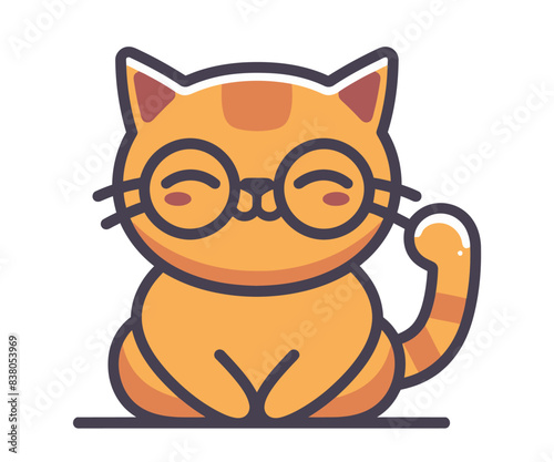 A cute and whimsical cartoon cat wearing round glasses, sitting with a content expression. Flat vector illustration.