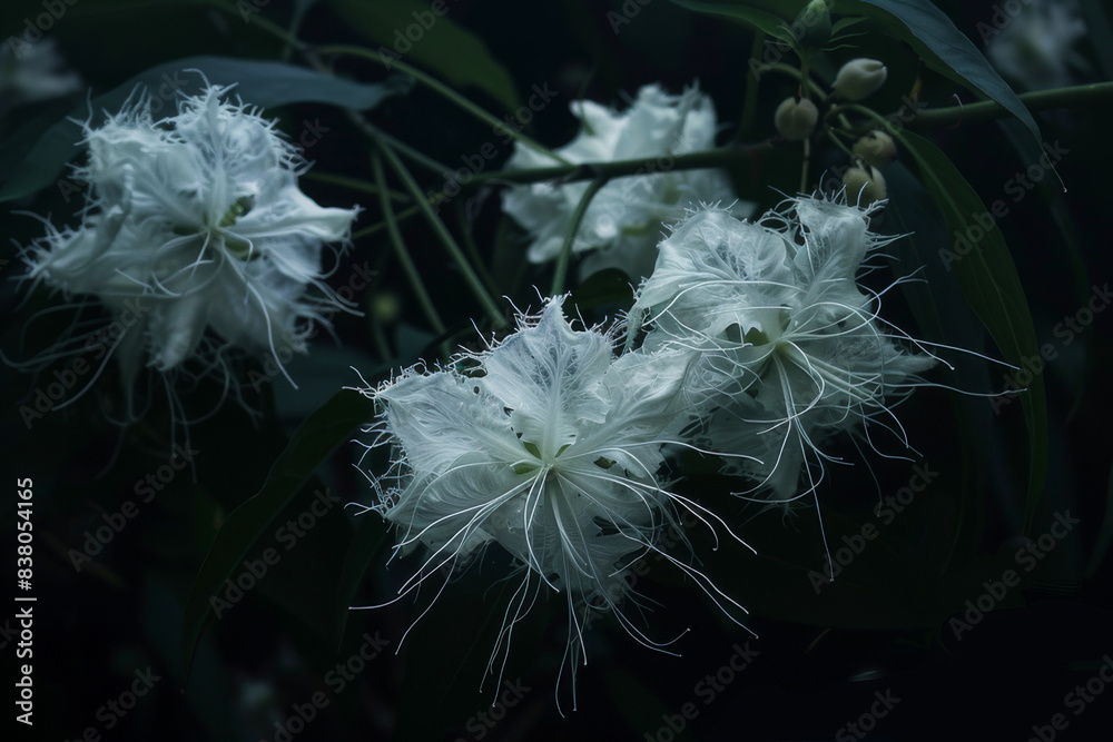 Fototapeta premium The delicate beauty of Trichosanthes cucumerina's white, frilly flowers, which bloom at night - Generative AI