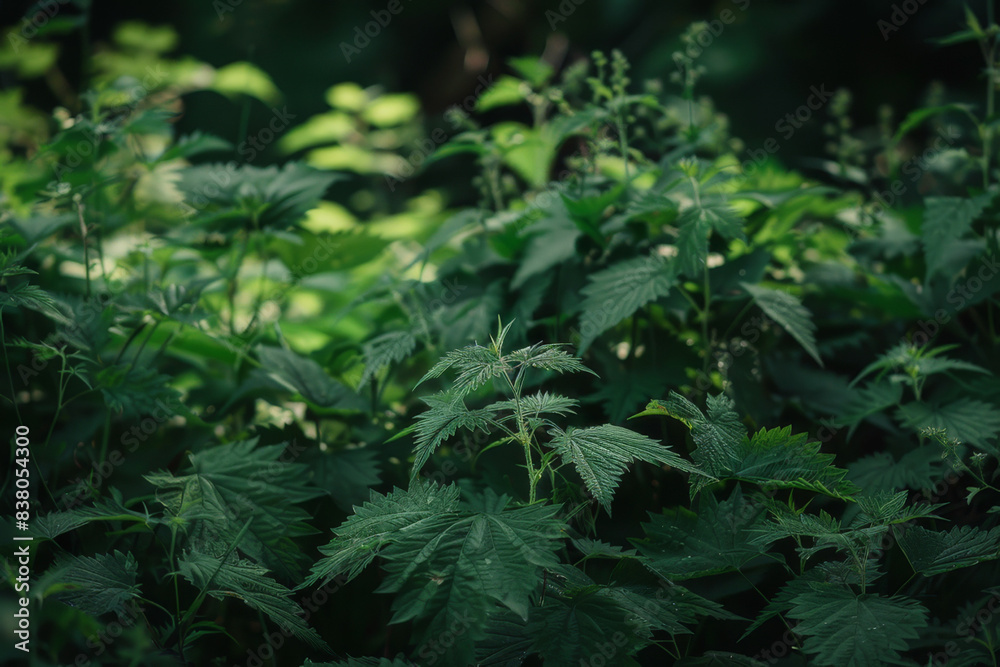 An image showcasing the natural habitat of wild nettles, emphasizing their growth in lush, green environments - Generative AI An image showcasing the natural habitat of wild nettles, emphasizing their growth in lush, green environments - Generative AI