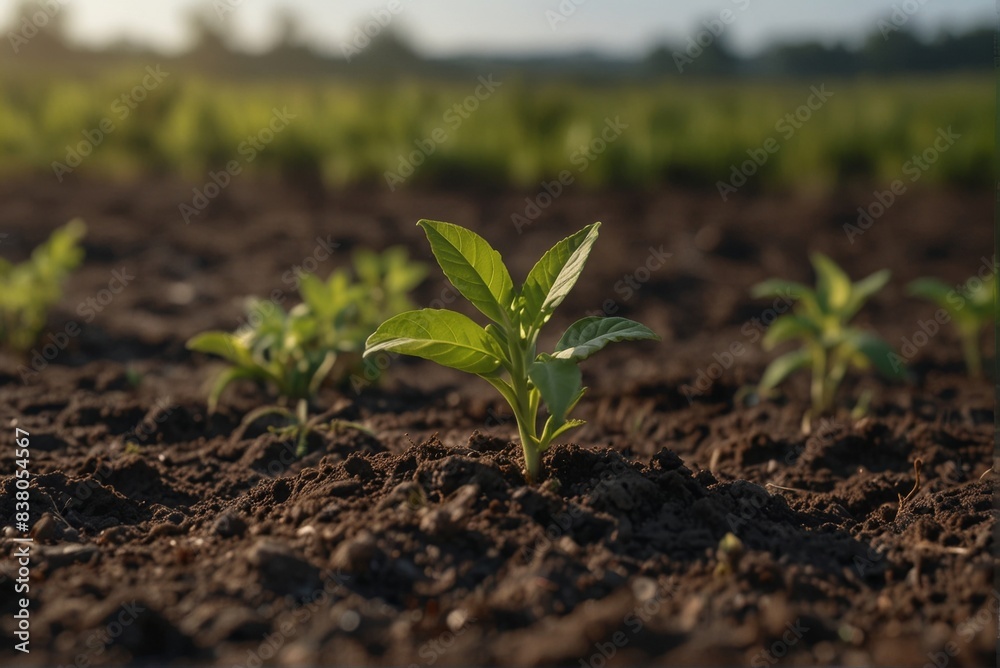 A farmer's field, crop sprouts in the ground. A farmer's field, crop sprouts in the ground.