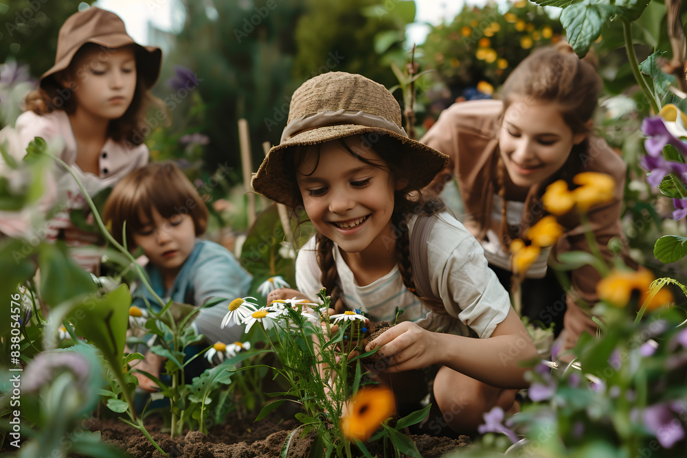 A happy family working together in their garden, planting flowers and vegetables, with smiles and laughter, capturing the joy of spending quality time outdoors in nature A happy family working together in their garden, planting flowers and vegetables, with smiles and laughter, capturing the joy of spending quality time outdoors in nature