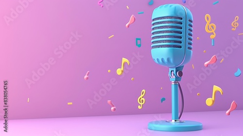 Vintage microphone on vibrant purple background with colorful musical notes, perfect for music and entertainment themes. 3D Illustration.