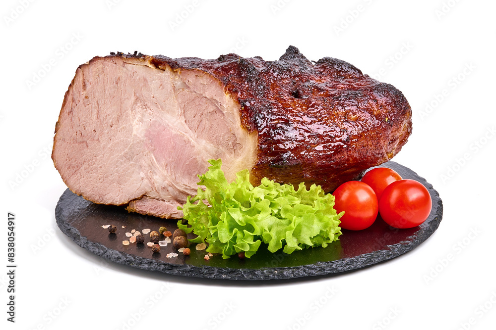 Baked pork roast, spicy glazed meat, isolated on white background. High resolution image Baked pork roast, spicy glazed meat, isolated on white background. High resolution image