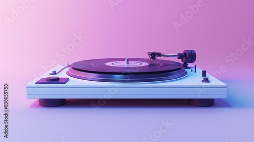 Vintage turntable playing vinyl record on a stylish pink and purple background, representing retro music and classic audio technology. 3D Illustration.