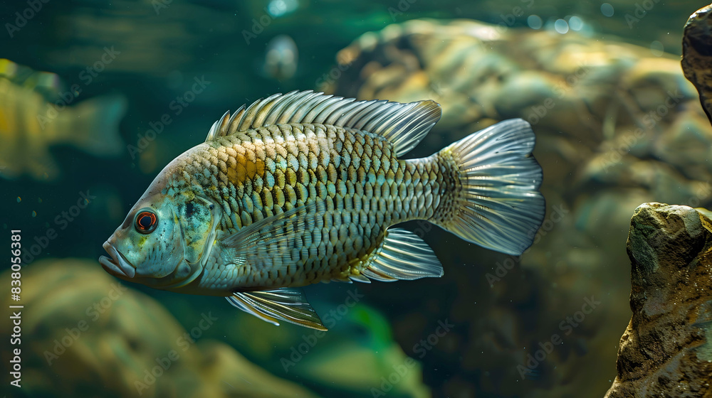 Obraz premium Tilapia Swimming Under Shallow and Clear River Water