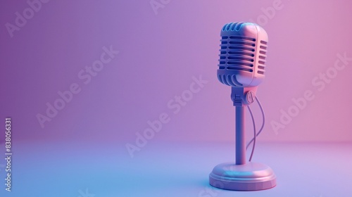 Vintage-style microphone on a purple and blue gradient background, capturing an iconic retro aesthetic perfect for music and broadcasting themes. 3D Illustration. photo