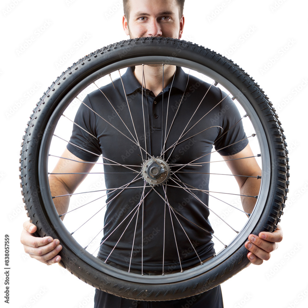 A man is holding a tire in his hands A man is holding a tire in his hands