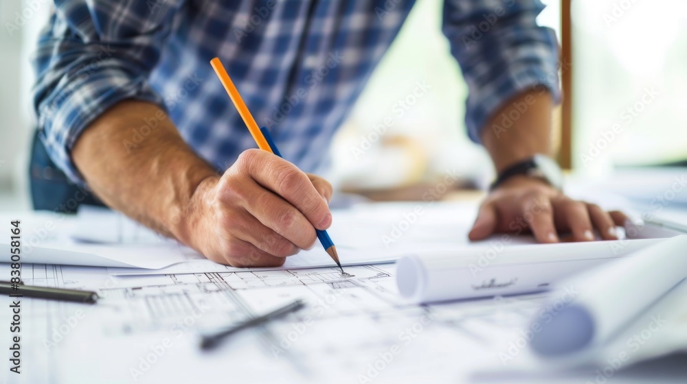 Architect sketching a design concept, whole body, solid color background, flat style Architect sketching a design concept, whole body, solid color background, flat style