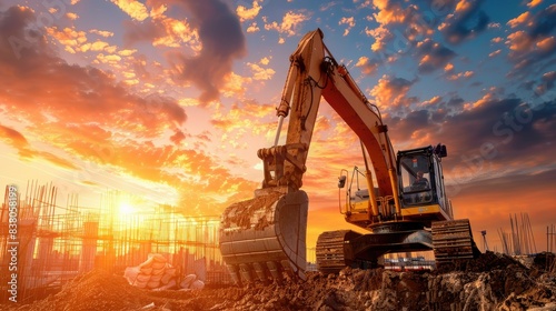 motor grader in construction site on sunset sky background  photo