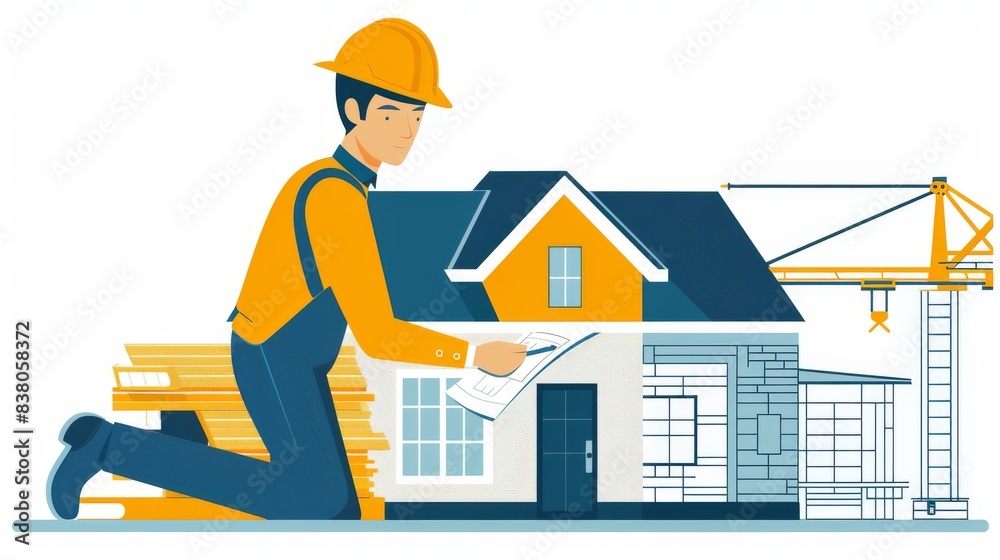 Architect working on a residential project, whole body, solid color background, flat style Architect working on a residential project, whole body, solid color background, flat style