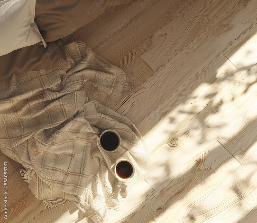 Obraz premium A top-down view of two cups of coffee resting on a folded blanket, illuminated by warm sunlight streaming through a window