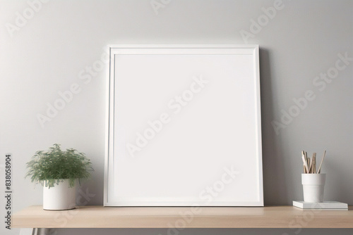Maqueta de marco de p  ster de imagen de madera m  nima sobre papel tapiz blanco 