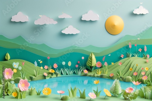 Beautiful hill with a lake and colorful flower feild  from papercraft