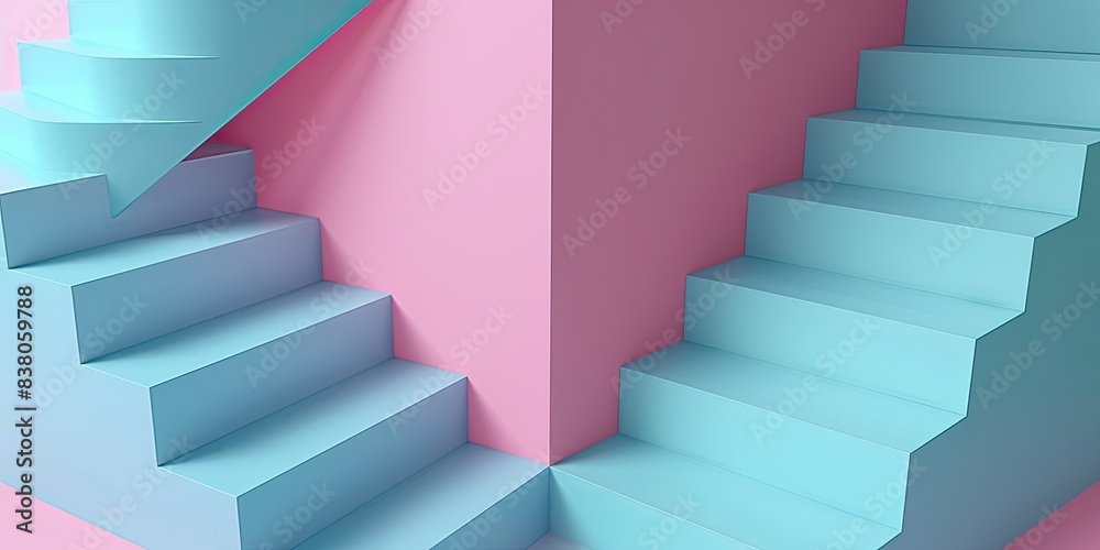 a image of a set of stairs with a pink and blue wall a image of a set of stairs with a pink and blue wall