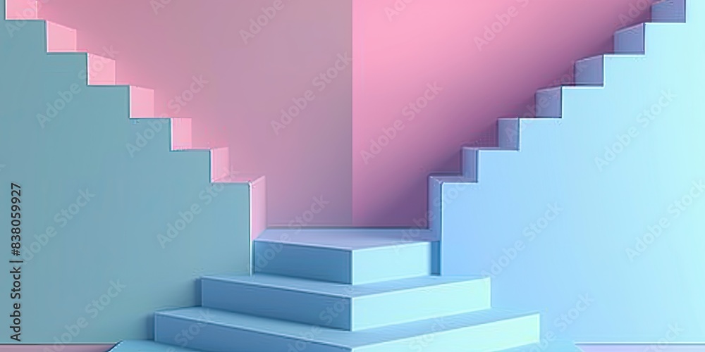 Fototapeta premium a image of a set of stairs in a room with a pink and blue wall