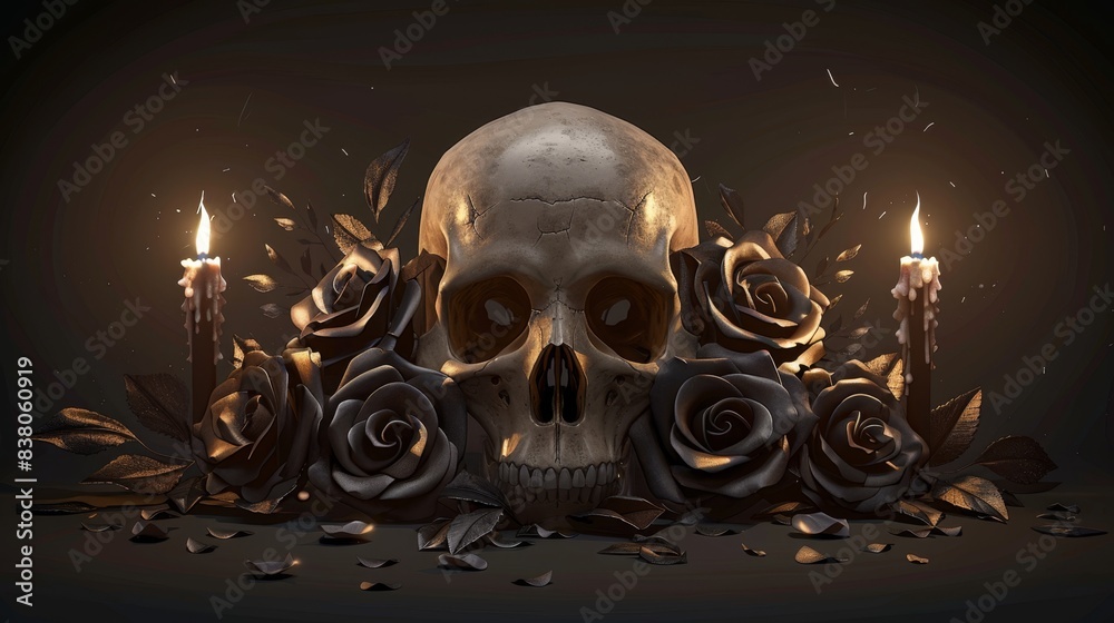 Mysterious Skull Surrounded by Roses and Candles in Dark Ambiance