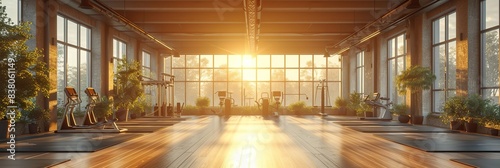 Spacious gym with exercise equipment  panoramic windows with sunlight 