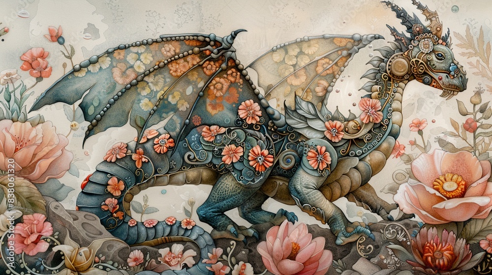 Fototapeta premium A steampunk dragon with floral patterns on its scales and mechanical wings, breathing steam in a floral garden, Steampunk, Watercolor, Soft pastels, Intricate detail