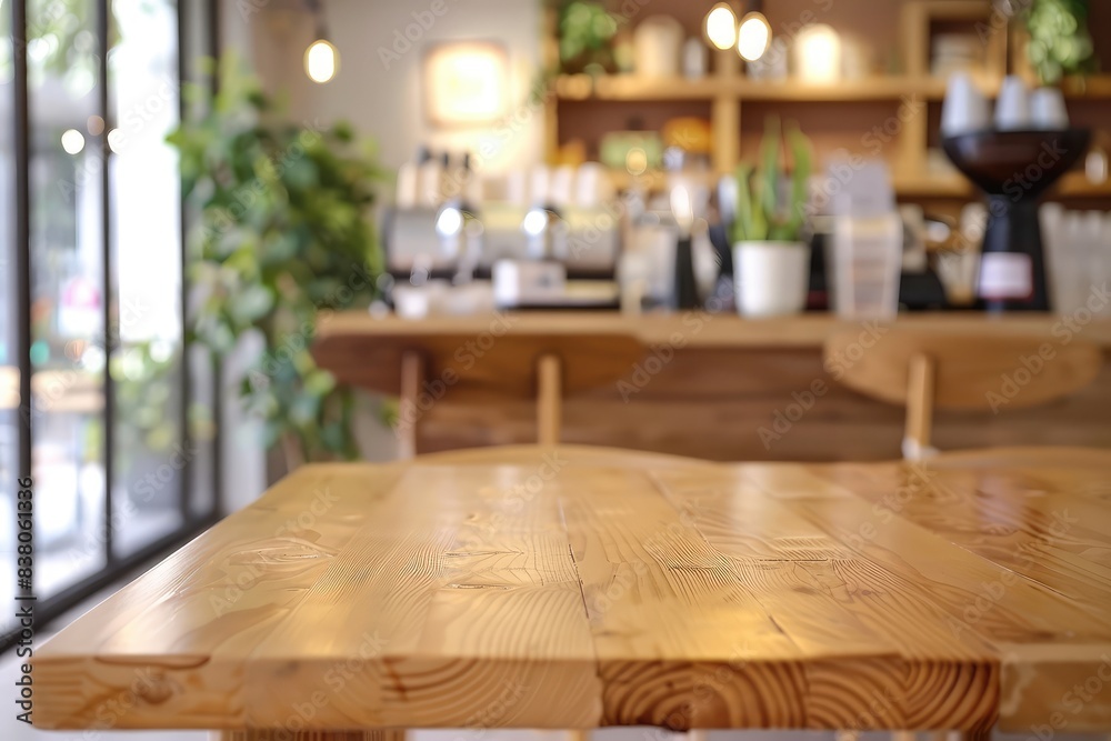 Modern co-working building relaxation lounge are or spacious bright cafe. Closeup to wooden table with chairs and blurred background with cafe area and barista serving organic drinks Modern co-working building relaxation lounge are or spacious bright cafe. Closeup to wooden table with chairs and blurred background with cafe area and barista serving organic drinks