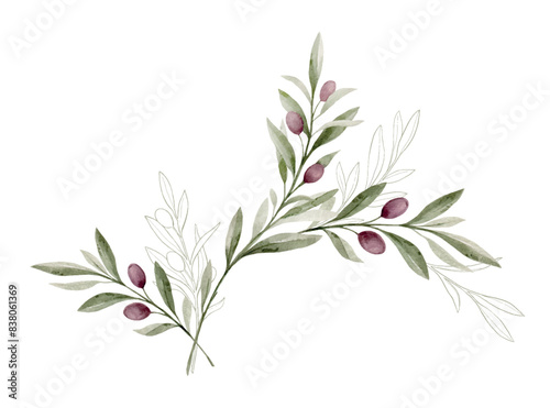 Watercolor vector bouquet with olive branches and green foliage. Hand painted botanical illustration. Greenery clipart for greeting cards, decoration, invitation, stationery design.