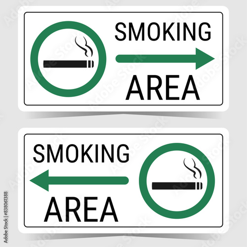 Smoking area signs with direction arrow. Designated smocking area signs. Cigarette, smoke and green allowed circle. Vector illustration