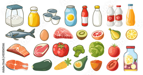 Food and drink set. Meat Fish Milk Eggs Flour Vegetables. Grocery store goods. Juice and healthy food concept. Vector collection