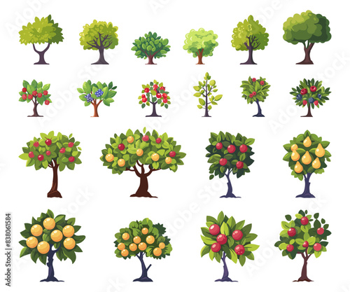 Fruit trees set. Bushes with berries. Farm trees icons. Apple, cherry, pear, black currant, burberry and strawberry. Garden cartoon vector clipart
