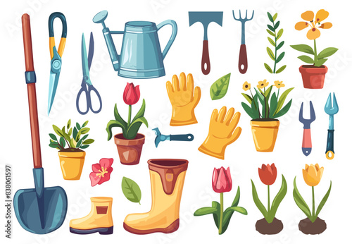Garden items set. Tools and equipment for gardening and planting work. Gloves scissors shears shovel plants. Simple flat cartoon vector set