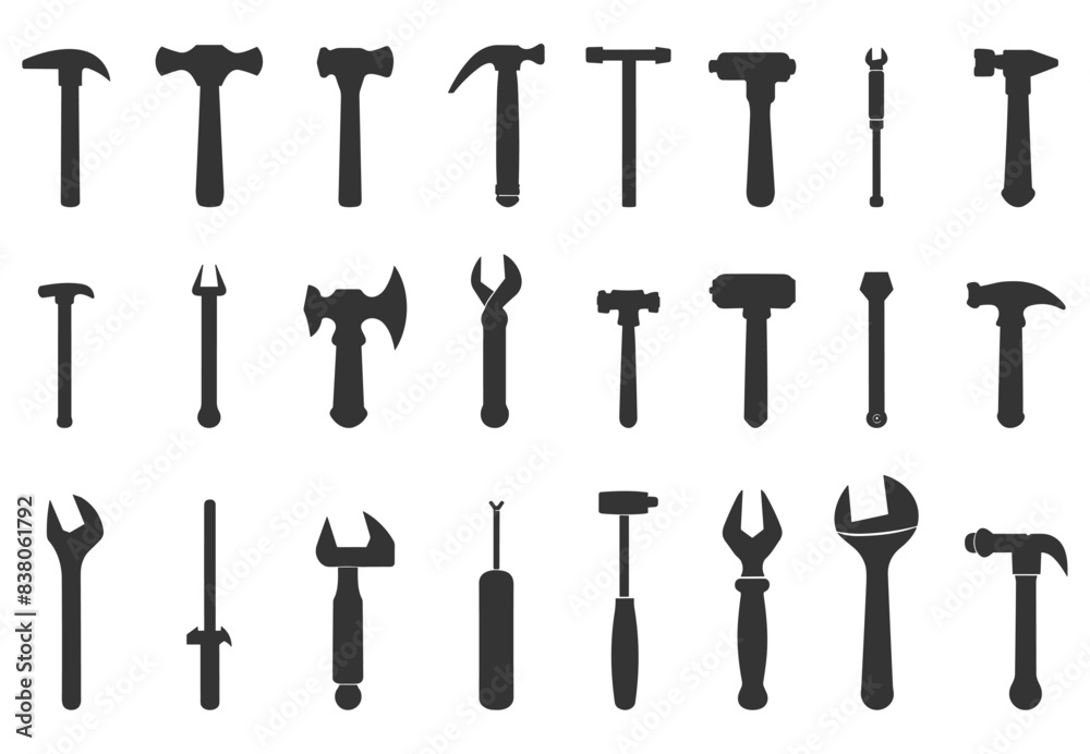 Hammers silhouette icons set. Construction and working tools collection. Repair and renovation equipment silhouettes. Vector clipart Hammers silhouette icons set. Construction and working tools collection. Repair and renovation equipment silhouettes. Vector clipart