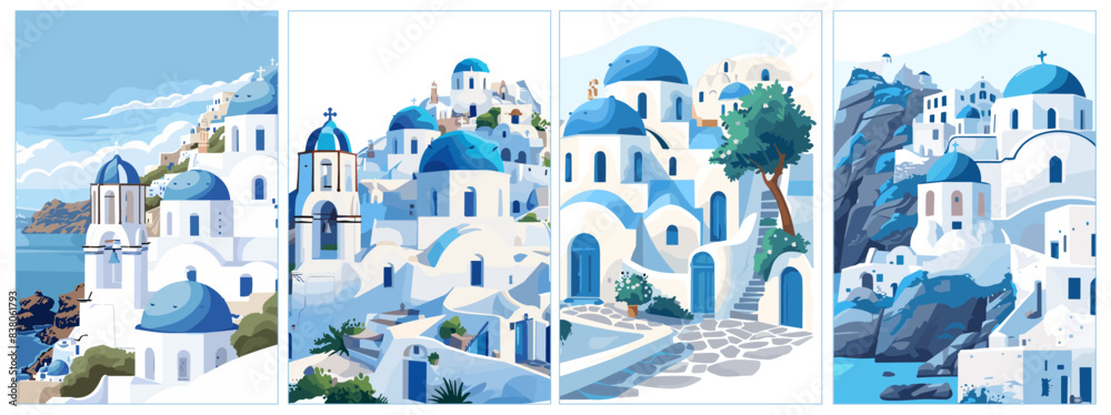 Greece landscape. Travel destination posters set. Sea view, white and blue typical greek buildings. Summer holidays on Santorini, journey vector cards