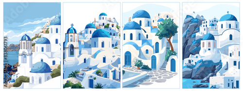 Greece landscape. Travel destination posters set. Sea view, white and blue typical greek buildings. Summer holidays on Santorini, journey vector cards