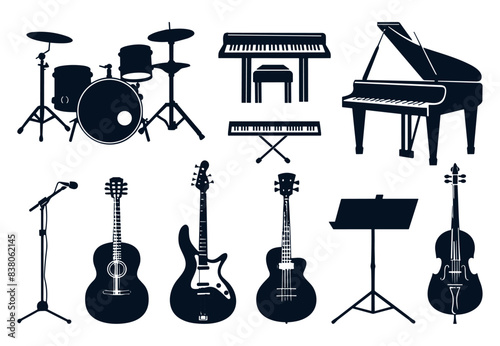 Musical instruments black silhouette icons. Simple orchestra equipment, flat guitar piano violin. Isolated vector music elements