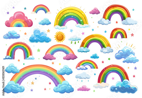 Rainbow set. Different cartoon rainbows clouds stars and sun. Weather icons, raindrops and fluffy cloud. Childish bright stickers, vector clipart