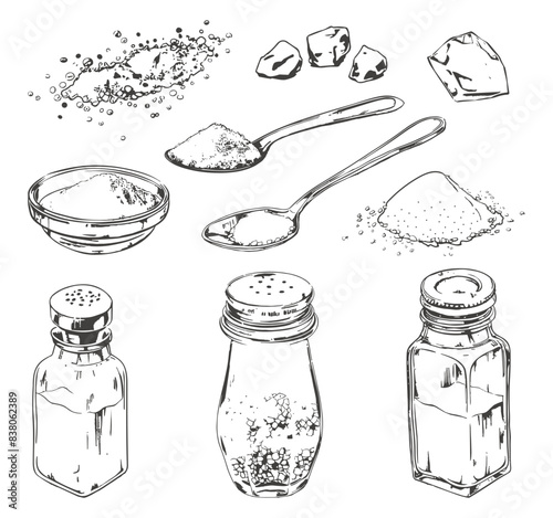 Salt set. Salting crystal grains glass shaker for salt. Spoon with sugar and piles. Hand drawn sketch style. Vector isolated elements