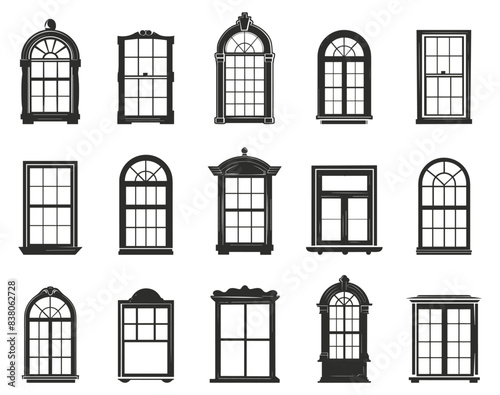 Windows silhouette set. Black window frames collection. Architectural classic home design elements. Decorative buildings details vector clipart
