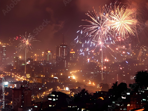 Vibrant fireworks explode in the night sky above a bustling city, illuminating the darkness with color.
