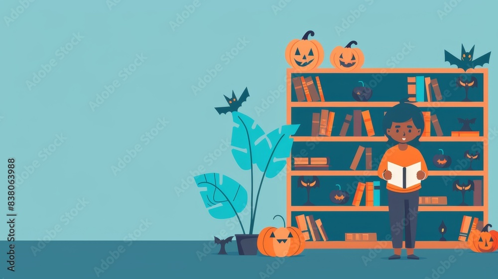 Naklejka premium Halloween-Themed Library Setting with Pumpkins and Reader