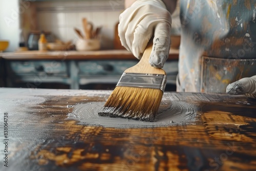 Closeup of man hands with gloves holding painting brush and painting dark kitchen cabinet into white color. Renewing restyling old fashioned wood furniture. Sustainable lifestyle, zero waste concept photo