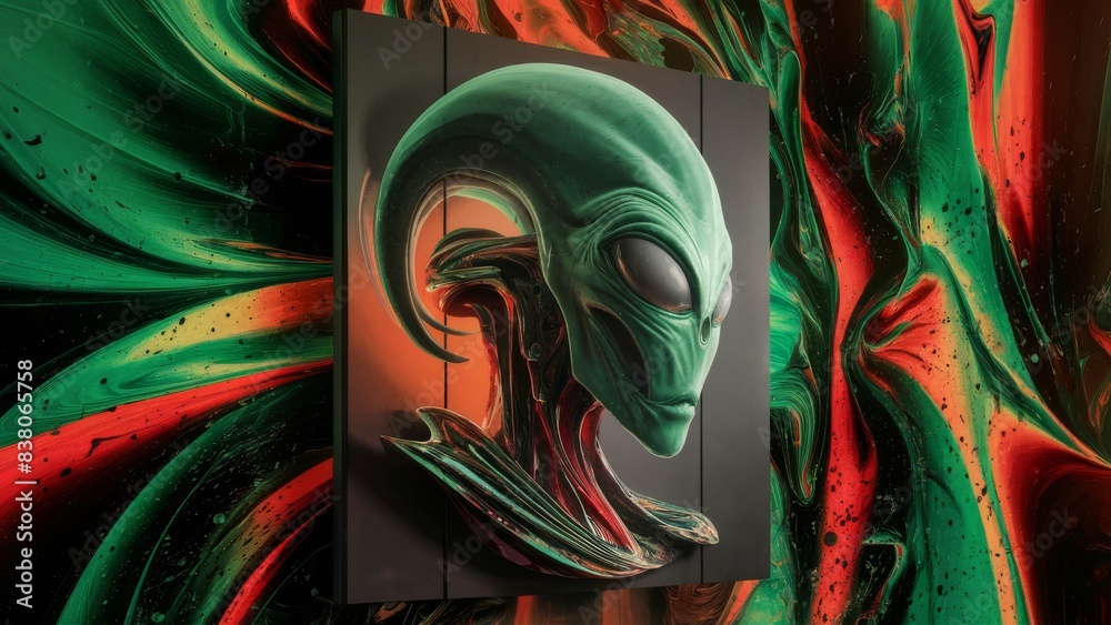 Fototapeta premium Abstract Alien Head Artwork with Vibrant Green and Red Swirls
